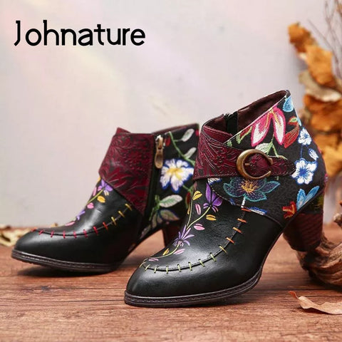 Johnature Women Boots 2022 New Autumn Winter Genuine Leather Women Shoes Round Toe Mixed Colors Flower Zip Handmade Ankle Boots