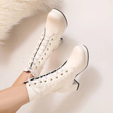 Ladies Ankle Boots Women Shoes Sweet Lace Lolita Lovely Cosplay Platform Ladies High Heels Boots Woman Plus Size 43 u303