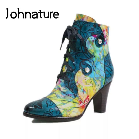 Johnature Hand-painted Genuine Leather Ankle Boots Women Shoes Pointed Toe Square Heel 2022 New Winter Cross-tied Women Boots