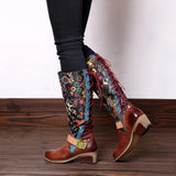 Retro Printed Flower Cowgirl Boots Women Shoes Woman Genuine Leather Mid-calf Boots Winter Bohemian Knight Botas Mujer