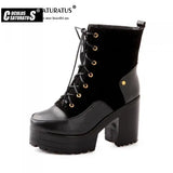 Cuculus Pu Ankle Boots Thick High Heel Ankle Bootie Lace Up Platform Winter Fashion Women Shoes Black Red Yellow 1996