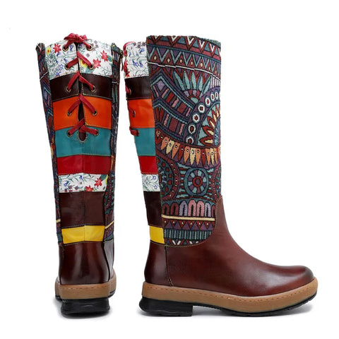 Vintage Mid-calf Boots Women Shoes Bohemian Retro Genuine Leather Motorcycle Boots Printed Side Zipper Back Lace Up Botas