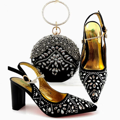 New Arrival Winter Black Color Italian Design Women Shoes and Bag African Matching Shoes and Bag for Royal Party