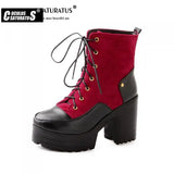 Cuculus Pu Ankle Boots Thick High Heel Ankle Bootie Lace Up Platform Winter Fashion Women Shoes Black Red Yellow 1996