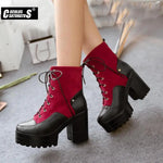 Cuculus Pu Ankle Boots Thick High Heel Ankle Bootie Lace Up Platform Winter Fashion Women Shoes Black Red Yellow 1996