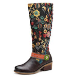 Retro Printed Flower Cowgirl Boots Women Shoes Woman Genuine Leather Mid-calf Boots Winter Bohemian Knight Botas Mujer