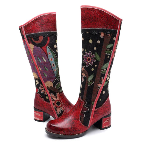 Vintage Patchwork Western Cowboy Boots Women Shoes Bohemian Genuine Leather Shoes Woman Mid-calf Boots Autumn Botas Mujer