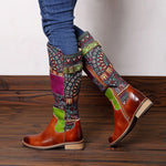 Handmade Genuine Leather Mid Calf Boots Women Shoes Vintage Bohemian Printed Splicing Buckle Strap Flat Spring Autumn Boots New