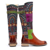 Handmade Genuine Leather Mid Calf Boots Women Shoes Vintage Bohemian Printed Splicing Buckle Strap Flat Spring Autumn Boots New