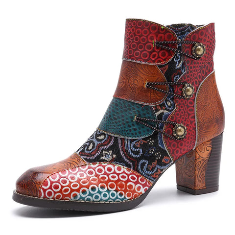 Vintage Splicing Printed Ankle Boots For Women Shoes Woman Genuine Leather Retro Block High Heels Women Boots 2023 New