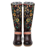 Retro Printed Flower Cowgirl Boots Women Shoes Woman Genuine Leather Mid-calf Boots Winter Bohemian Knight Botas Mujer