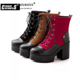 Cuculus Pu Ankle Boots Thick High Heel Ankle Bootie Lace Up Platform Winter Fashion Women Shoes Black Red Yellow 1996