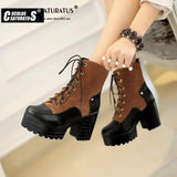 Cuculus Pu Ankle Boots Thick High Heel Ankle Bootie Lace Up Platform Winter Fashion Women Shoes Black Red Yellow 1996