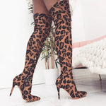 Leopard Stretch Fabric High Boots Pointed Toe