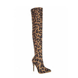 Leopard Stretch Fabric High Boots Pointed Toe