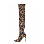 Leopard Stretch Fabric High Boots Pointed Toe