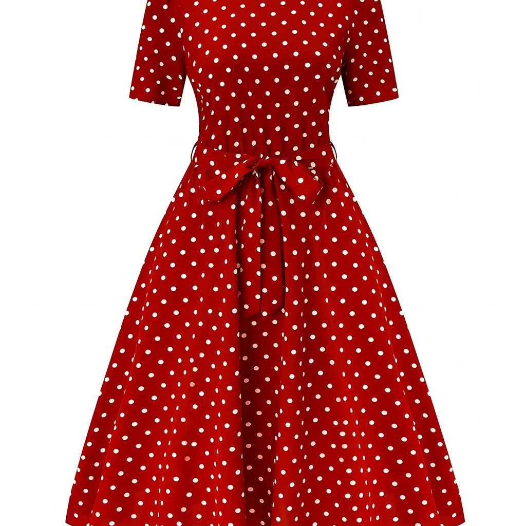 Women's Elegant Red & White Polka Dot A-Line Dress