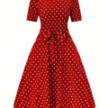 Women's Elegant Red & White Polka Dot A-Line Dress