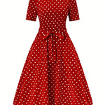Women's Elegant Red & White Polka Dot A-Line Dress