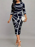Women'S Stylish Elegant Long-Sleeved Printed Hip Dress