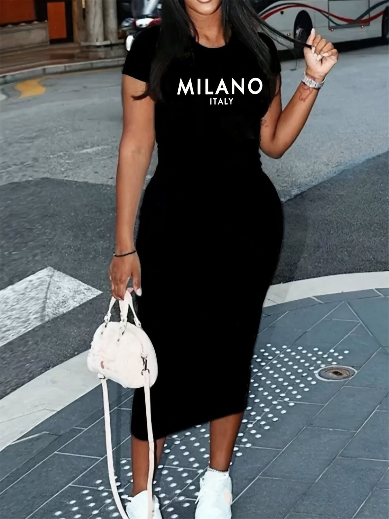 Print Slim-fit Crew-neck Short-sleeved Dress