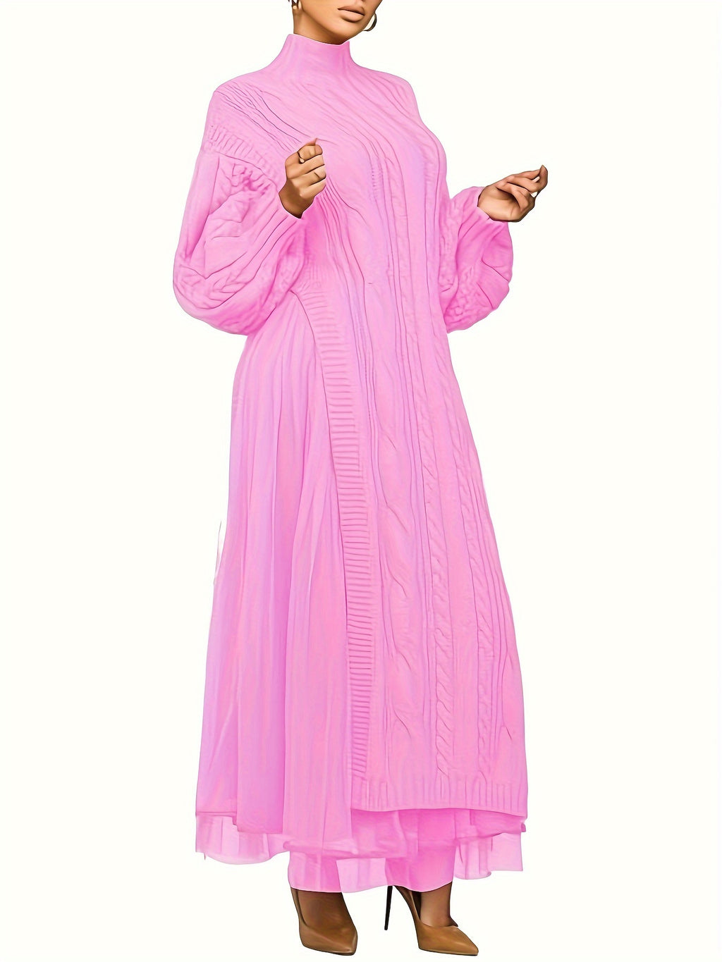 Two Piece Long Lantern Sleeve Slit Sweater Dress
