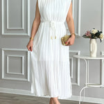 Sleeveless Fit and Flare with Frill Detail, Tent Collar, and Belted Waist