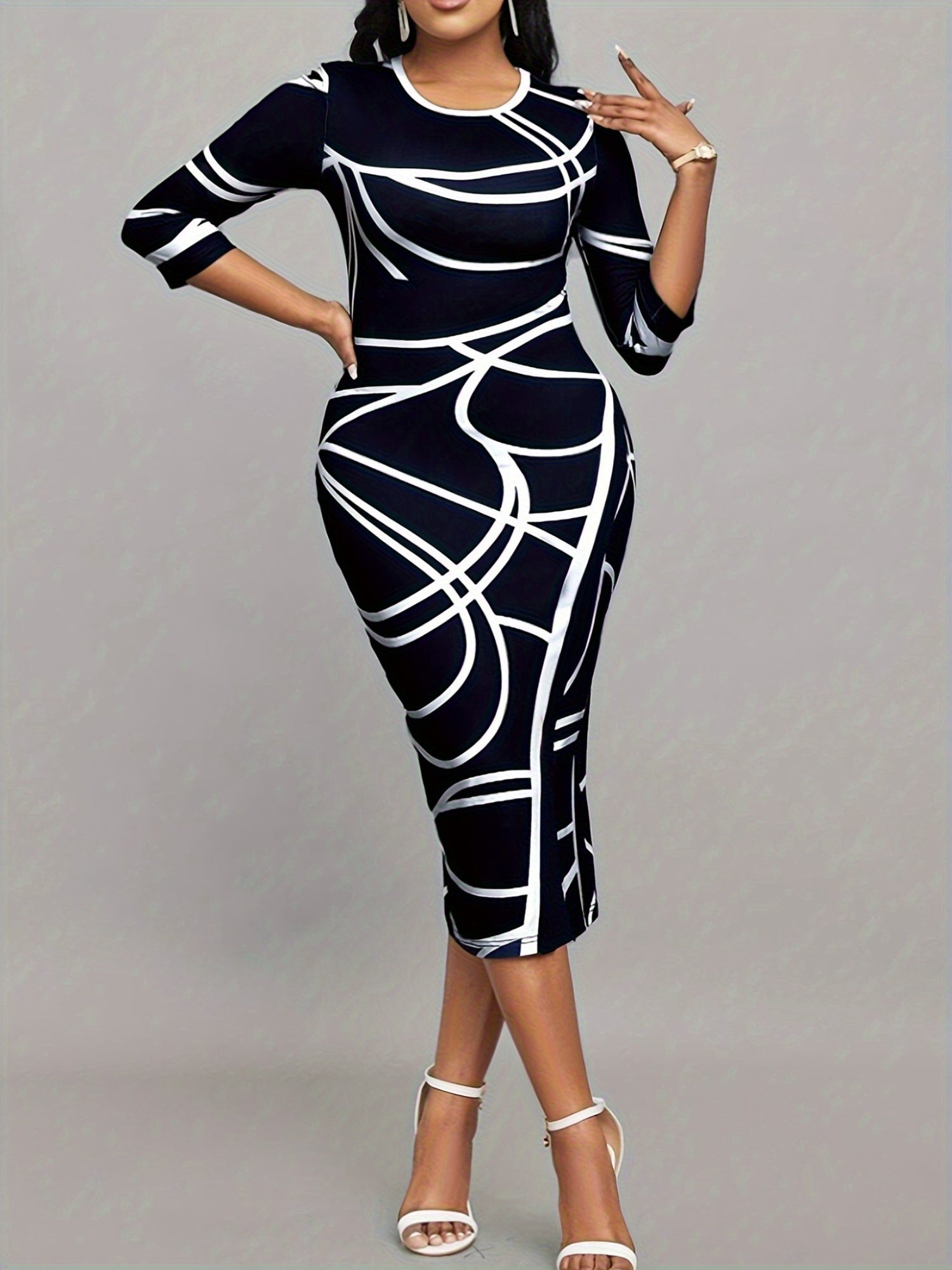 Women'S Stylish Elegant Long-Sleeved Printed Hip Dress