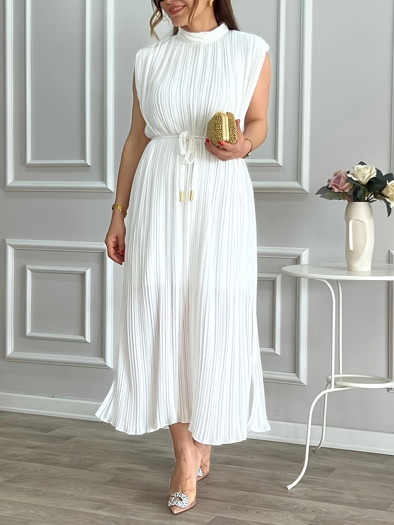 Sleeveless Fit and Flare with Frill Detail, Tent Collar, and Belted Waist
