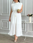 Sleeveless Fit and Flare with Frill Detail, Tent Collar, and Belted Waist