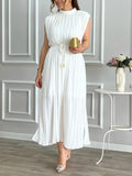 Sleeveless Fit and Flare with Frill Detail, Tent Collar, and Belted Waist