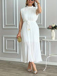 Sleeveless Fit and Flare with Frill Detail, Tent Collar, and Belted Waist