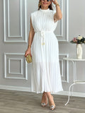 Sleeveless Fit and Flare with Frill Detail, Tent Collar, and Belted Waist