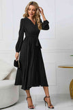 V-Neck Long Sleeve Tie Waist Midi Dress