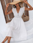 Decorative Button V-Neck Butterfly Sleeve Dress