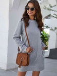 Round Neck Long Sleeve Mini Dress with Pockets