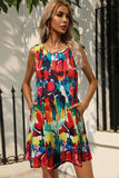 Printed Round Neck Sleeveless Dress with Pockets