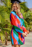 Multicolored Tie-Waist Pleated Balloon Sleeve Dress