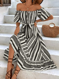 Printed Off-Shoulder Tie Belt Midi Dress