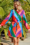 Multicolored Tie-Waist Pleated Balloon Sleeve Dress