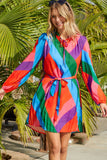 Multicolored Tie-Waist Pleated Balloon Sleeve Dress