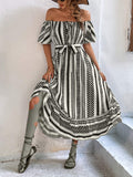 Printed Off-Shoulder Tie Belt Midi Dress