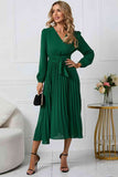 V-Neck Long Sleeve Tie Waist Midi Dress