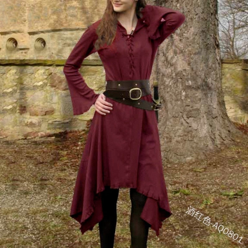 Vintage Dress for Women Solid V-neck Long Sleeve Mid-calf Length