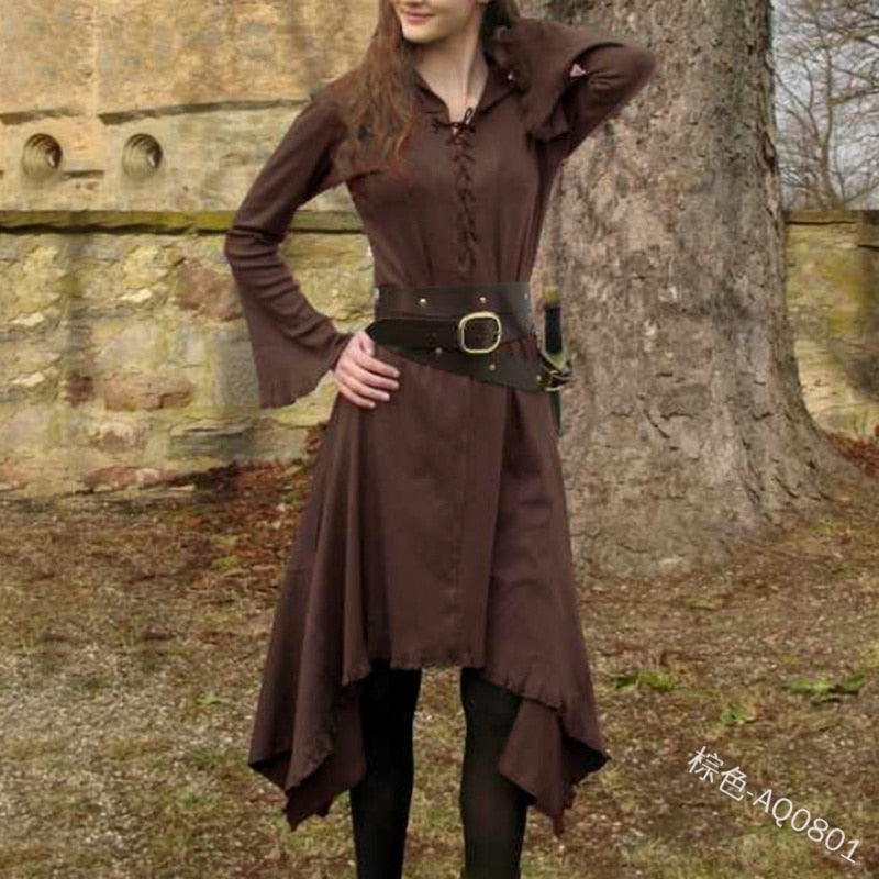 Vintage Dress for Women Solid V-neck Long Sleeve Mid-calf Length