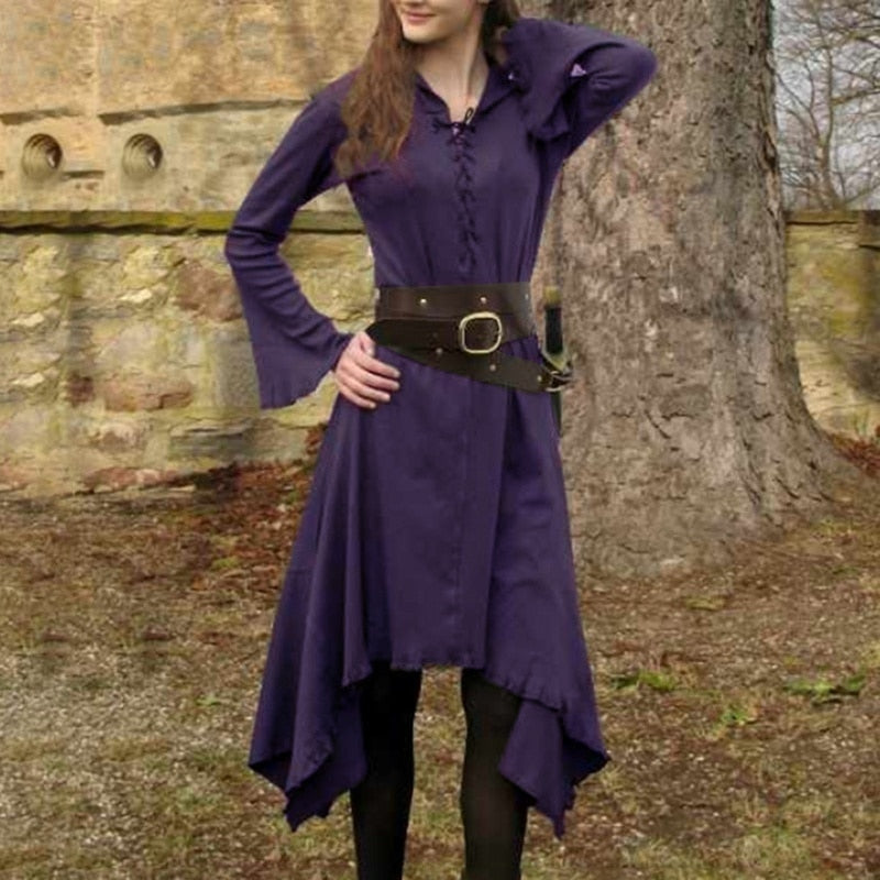 Vintage Dress for Women Solid V-neck Long Sleeve Mid-calf Length