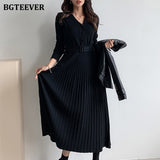 BGTEEVER Elegant V-neck Single-breasted Thicken Sweater Dress