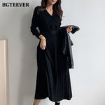 BGTEEVER Elegant V-neck Single-breasted Thicken Sweater Dress