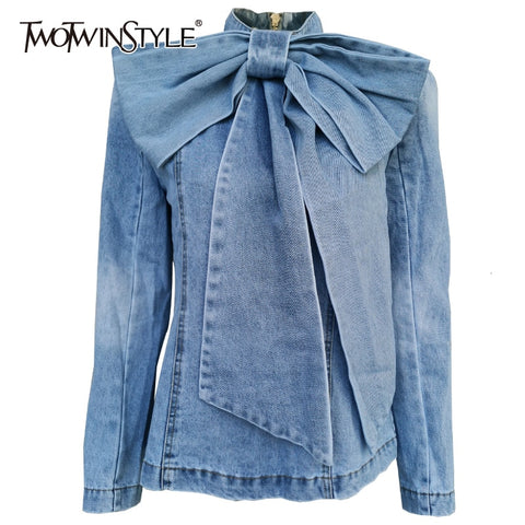 TWOTWINSTYLE Patchwork Bow Denim Women's Jacket