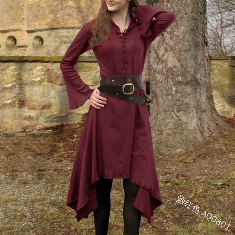 Vintage Dress for Women Solid V-neck Long Sleeve Mid-calf Length